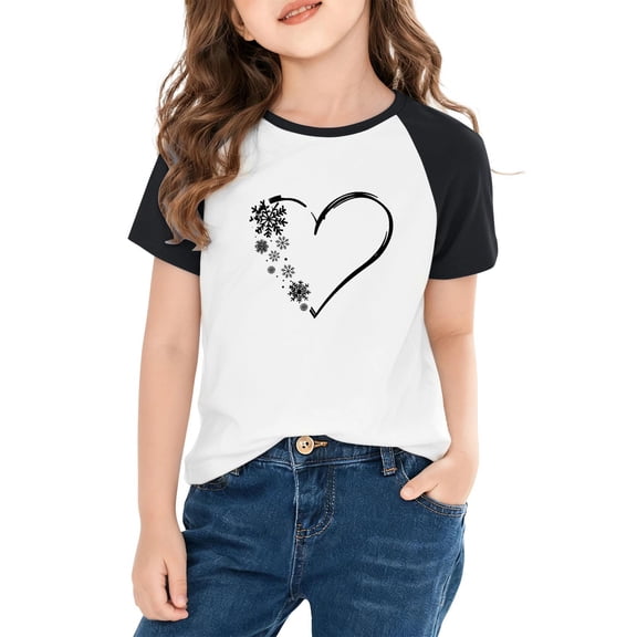 hengsof Children and Girls Clothing Love Printed Short Sleeve Round Neck Tops Color Block Tops