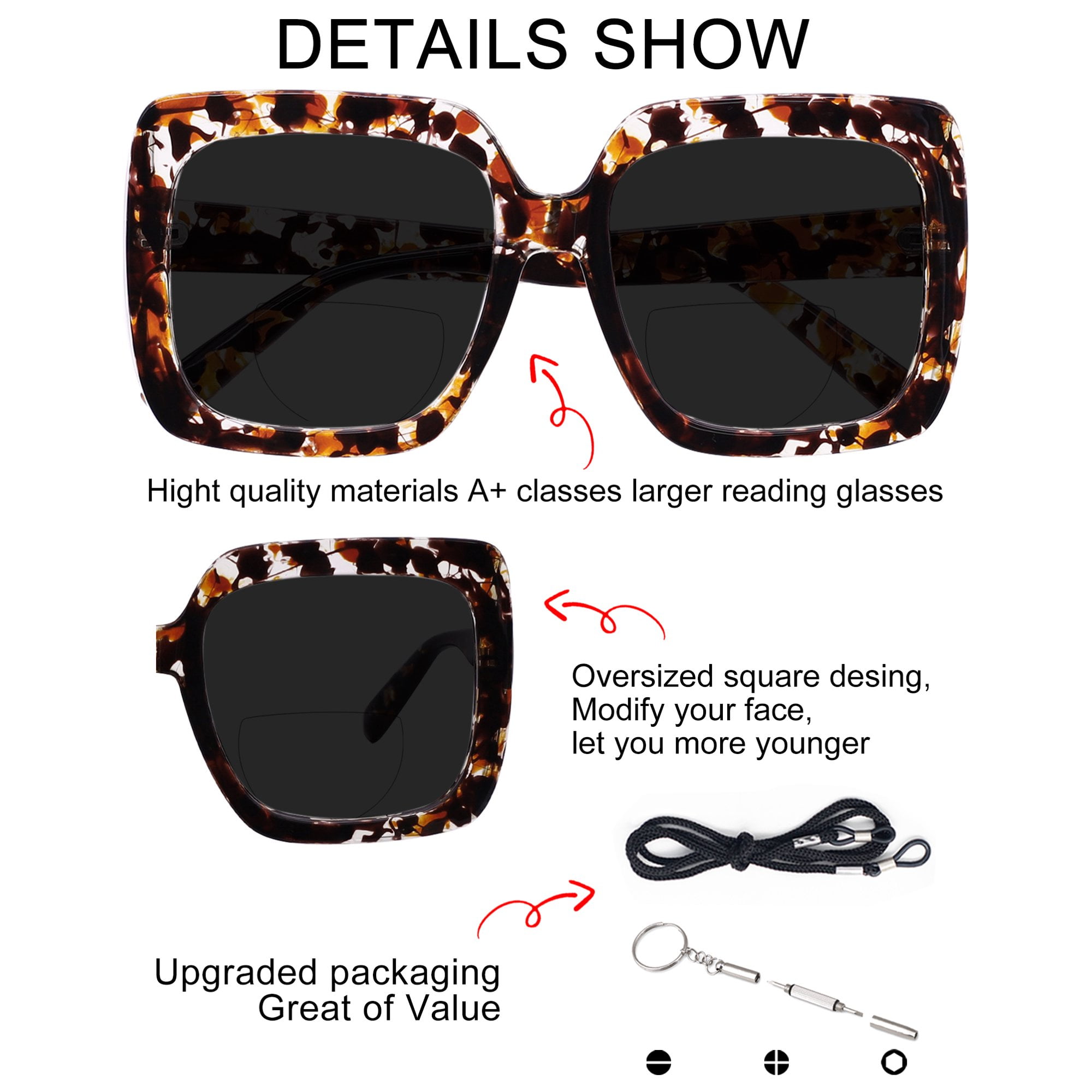 OCCI CHIARI Bifocal Sunglasses Reading Glasses Women Oversized Sunglass Readers 1.5 UV Protection Outdoor 1.0 1.5 2.0 2.5 3.0 3.5 with Acrylic Lens