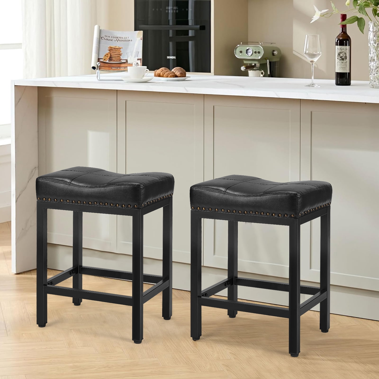 JIOABL Bar Stools Set of 4, Upholstered Modern Counter Height 24 Inch Bar Stools, PU Leather, For Kitchen, Living Room, Black