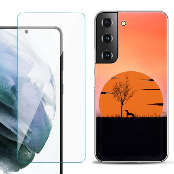 Slim-Fit TPU Fashion Phone Case for Samsung Galaxy S22 5G, with Tempered Glass Screen Protector, by OneToughShield ® - Sunset Dachshund