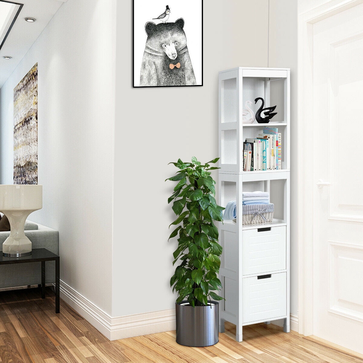 Gymax Bathroom Floor Cabinet Multifunctional Storage Organizer 5Tier Shelves&2 Drawers