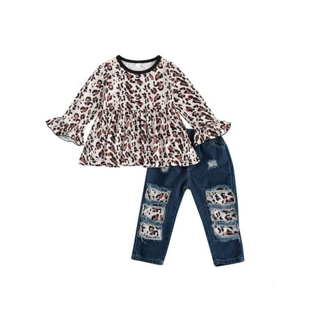 

Livingsenburg Girl S Two-Piece Suit Leopard Long Sleeve Round Neck Top Jeans