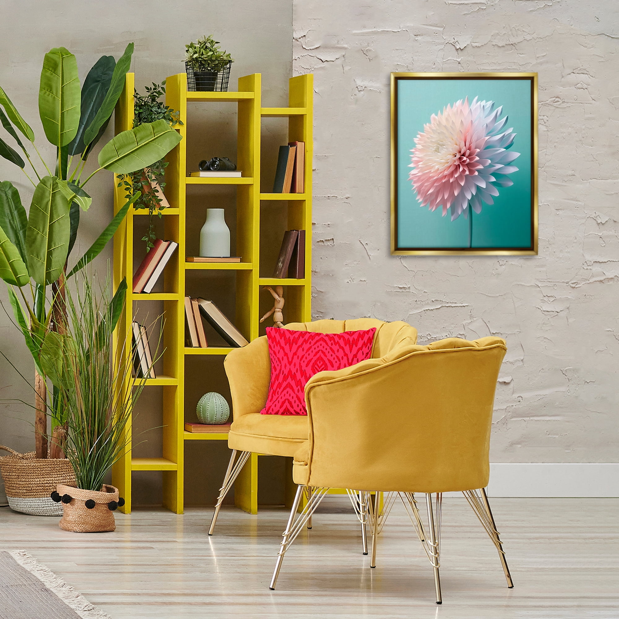 Stupell Industries Detailed Dahlia on Blue Plants & Flowers Photography Gold Floater Framed Canvas Art Print Wall Art, 17 x 21