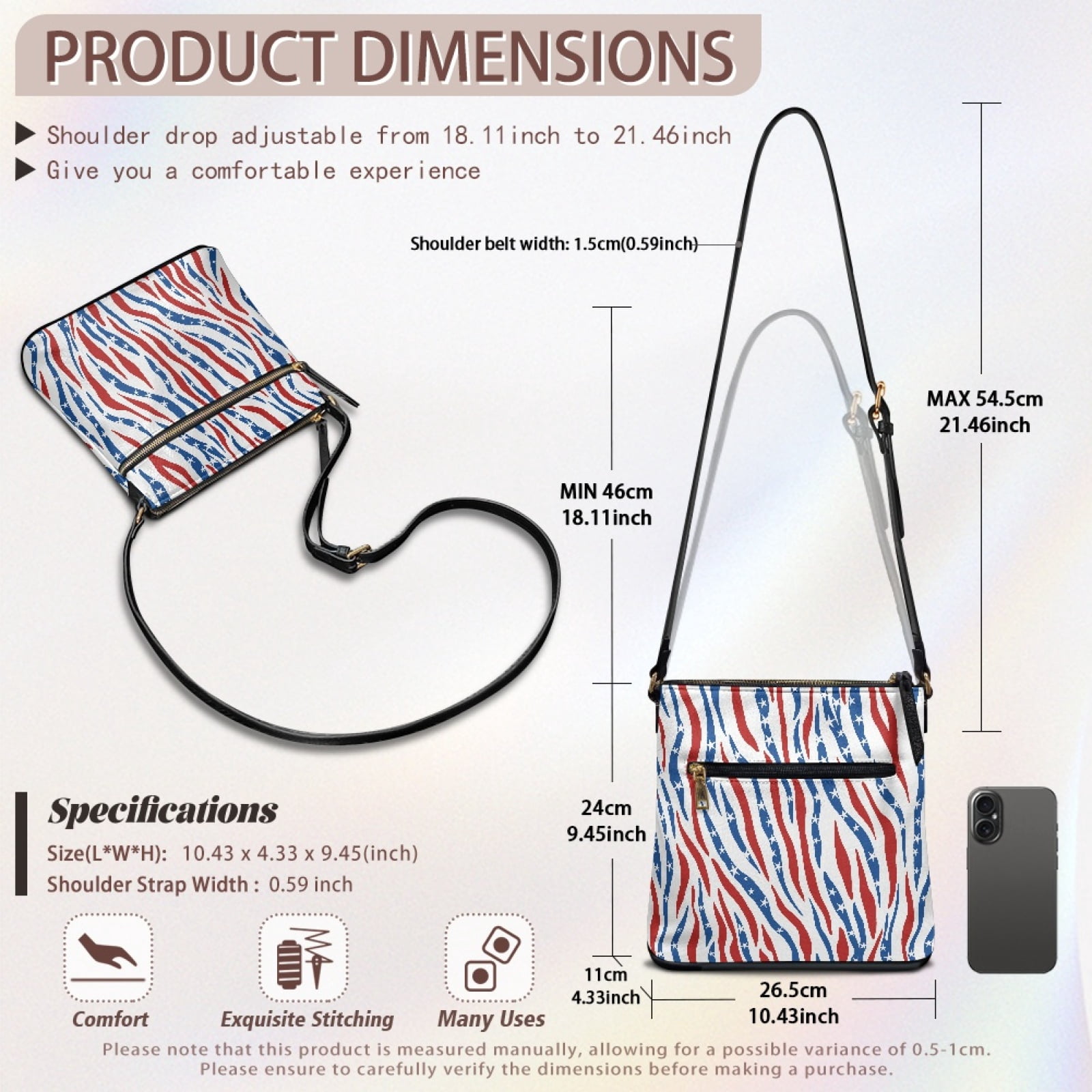 ZUXONGSY American Flag Zebra Stripe Print PU Leather Shoulder Bag for Women Fashion Crossbody Travel Purse Large Messenger Bag with Adjustable Strap for Dating Workout