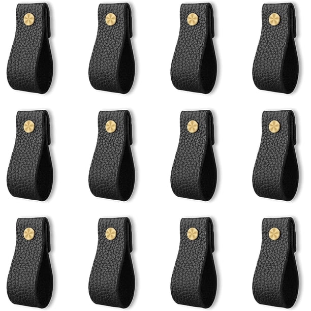 Tiradores de cuero para cajones, 12 piezas de tiradores de cuero, perillas de cuero hechas a mano, herrajes para gabinetes, tiradores de cajones (negro)