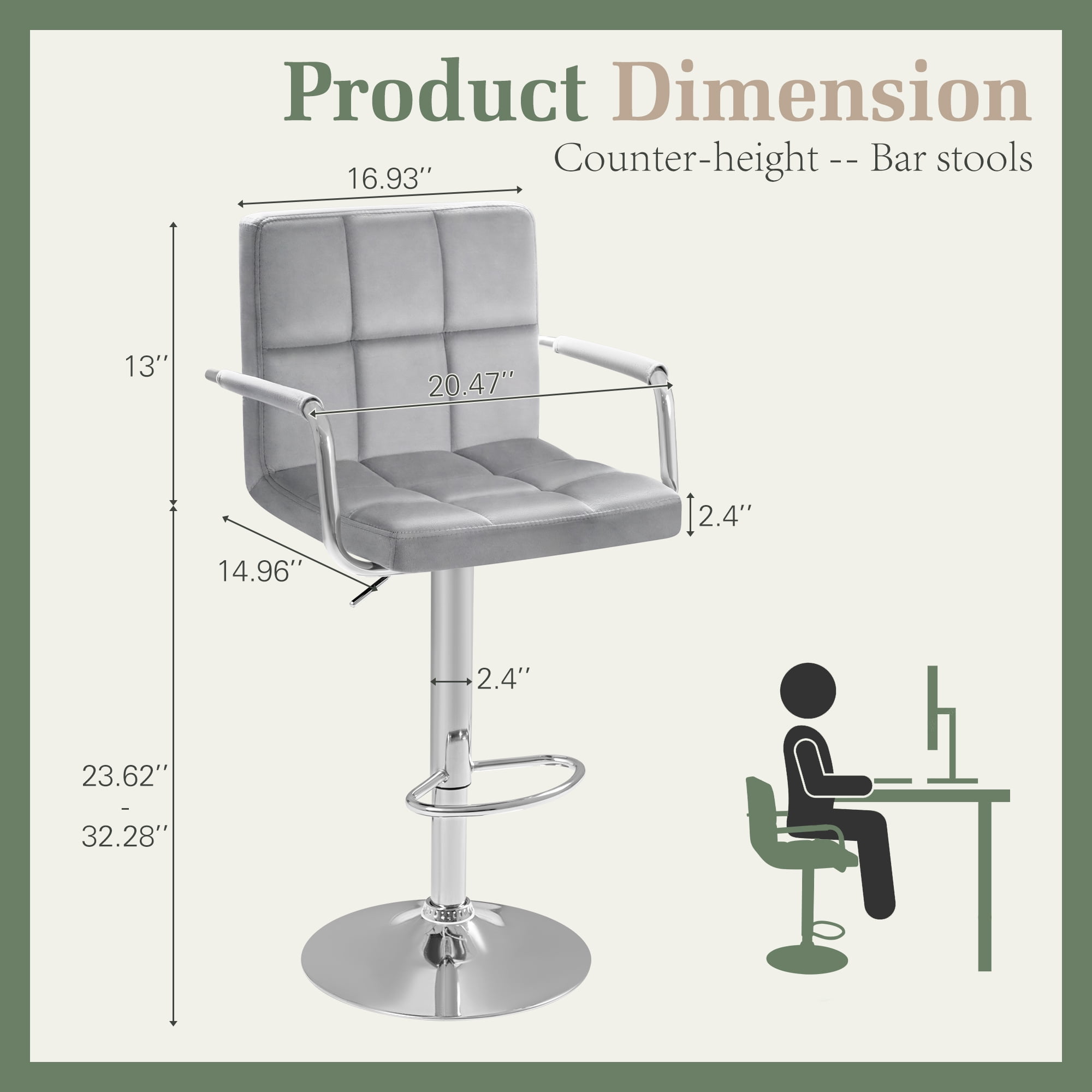 Homall Bar Stools Set of 2 Modern Velvet Height Adjustable Hydraulic Kitchen Counter Square Island Swivel Barstool with Armrest, Gray