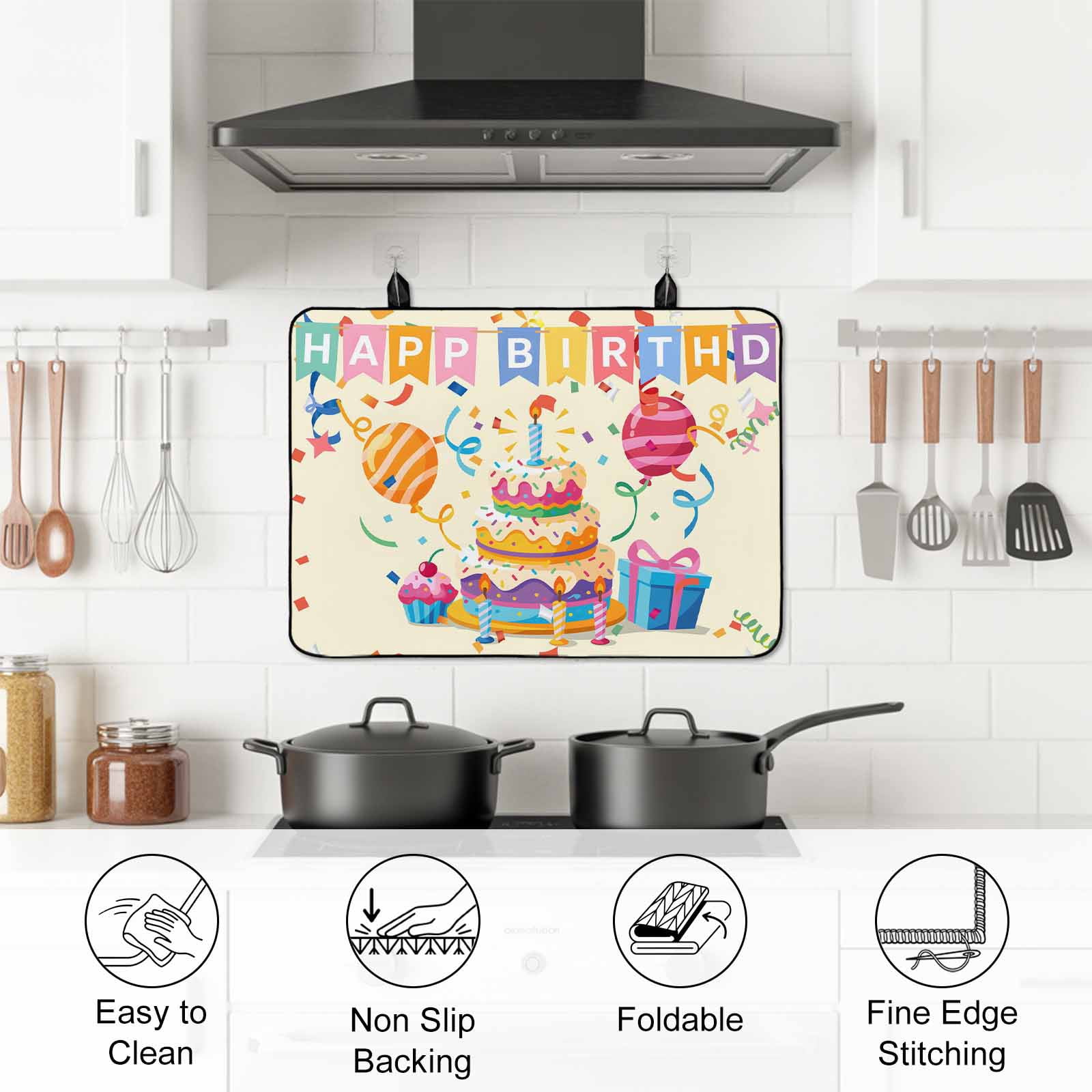 Happy Birthday Cake Stove Top Cover for Electric Stove, Heat-proof & Non Slip Glass Top Stove Cover Protector, Ribbon Balloon Cartoon Cute Kitchen Flat Cooktop Rubber Mat 24x21 Inches