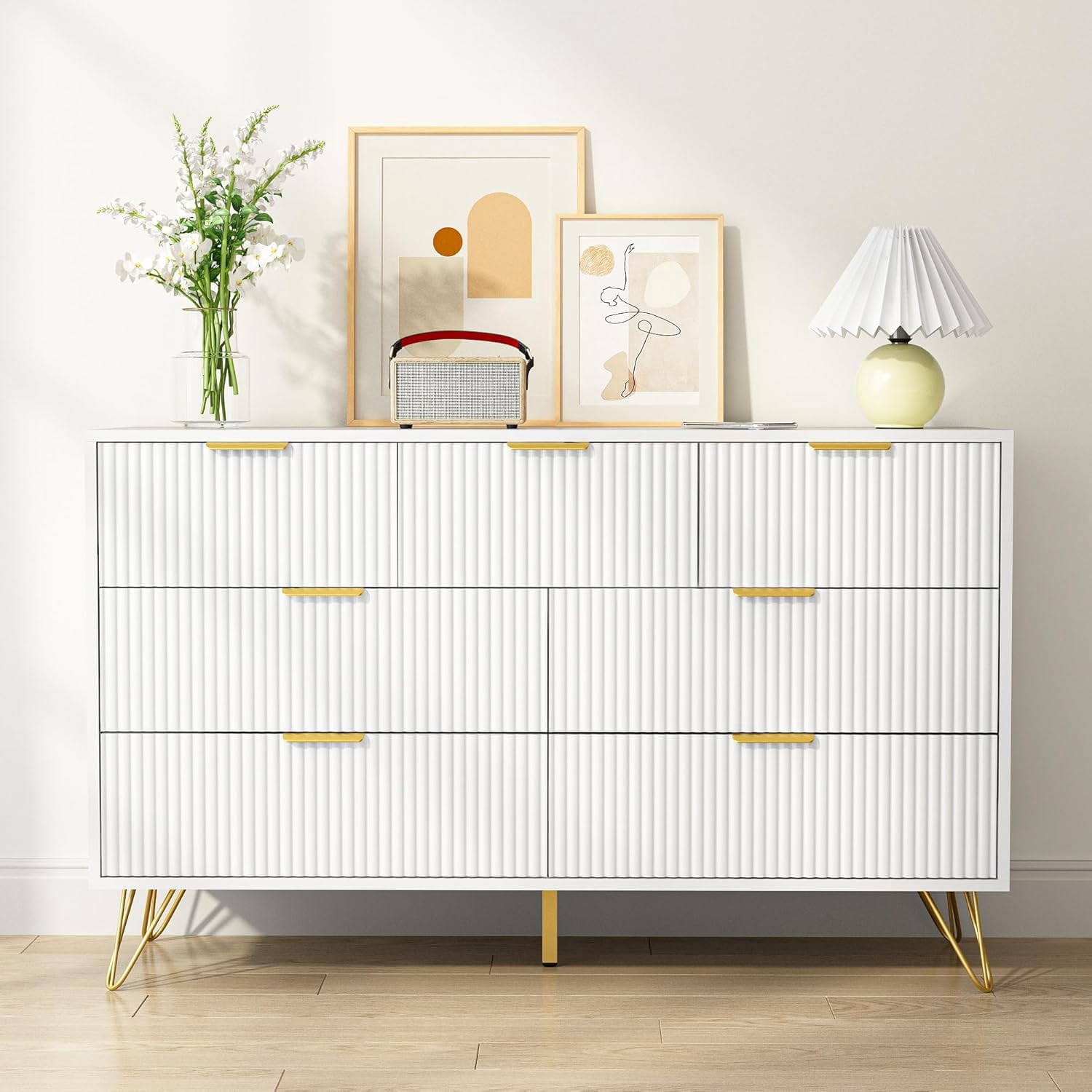 White Dresser for Bedroom, 7 Drawers Dresser with Golden Handles, Modern Wood Chest for Living Room, Hallway, Entryway