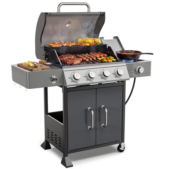 4-Burner Gas Grill with Side Burner, 51,000 BTU Propane BBQ Grill with Porcelain-Enameled Cast Iron Grates, Built-in Thermometer, Ideal for Patio Camping Outdoor Cooking