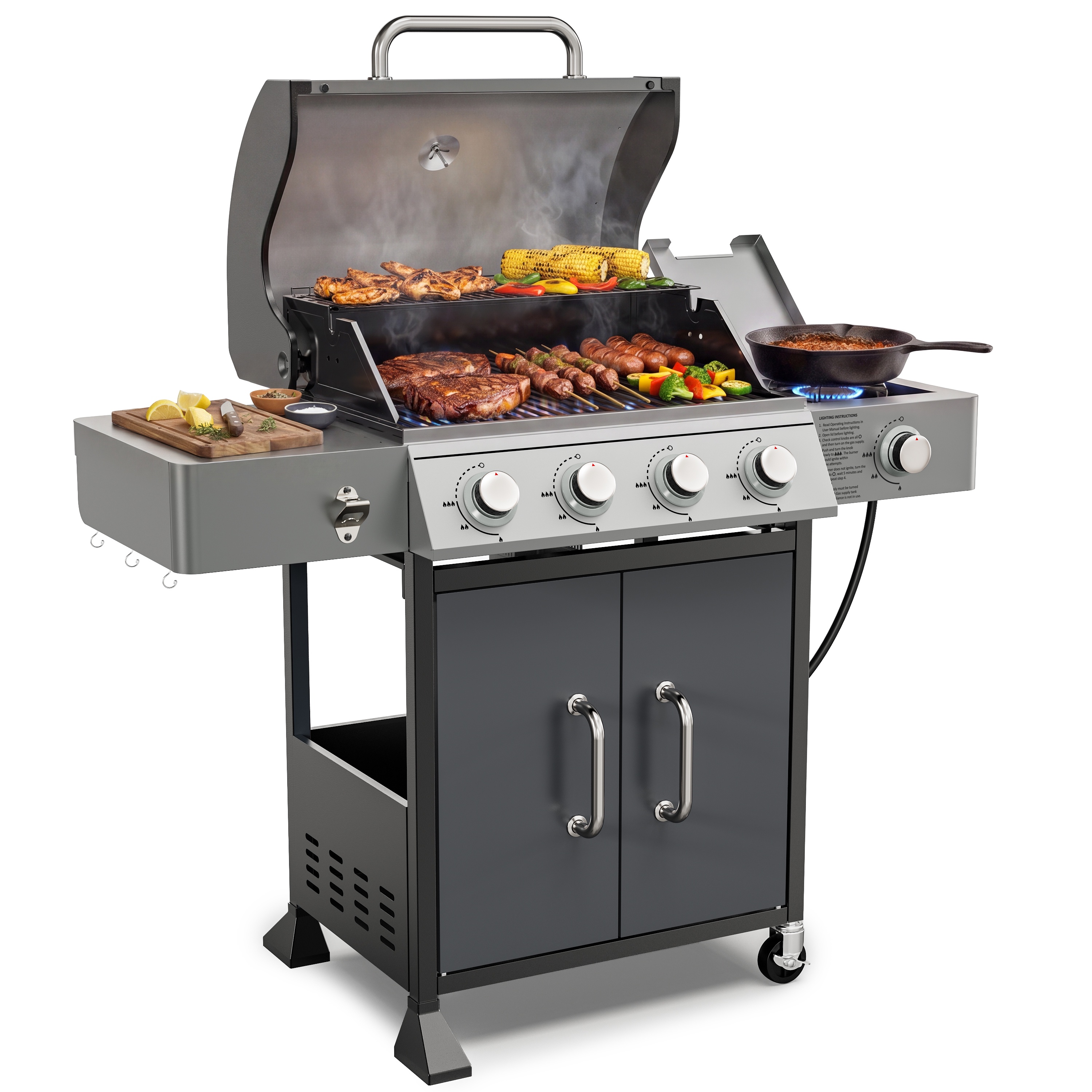 4-Burner Gas Grill with Side Burner, 51,000 BTU Propane BBQ Grill with Porcelain-Enameled Cast Iron Grates, Built-in Thermometer, Ideal for Patio Camping Outdoor Cooking