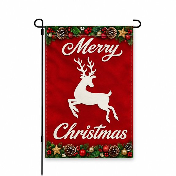 Elegant "Merry Christmas" Reindeer Garden Flag, 12x18 Inch, Red & White Festive Holiday Outdoor Decor for Yard, Lawn, Patio, Porch Winter Display