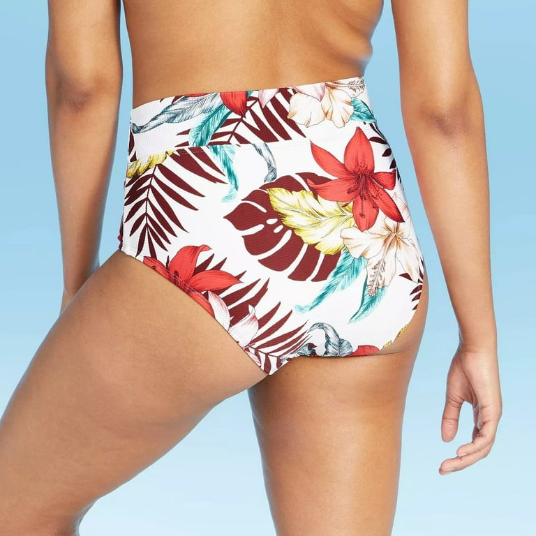 Women's Ribbed Medium Coverage High Waist Bikini Bottom - Kona Sol™ White  Floral Size L(12-14) 