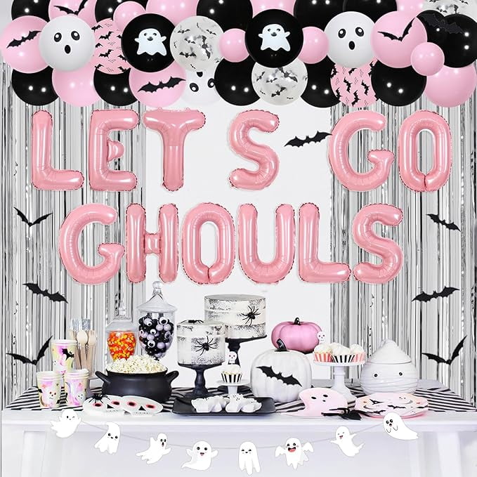 Halloween Let's Go Ghouls Decorations, Pink Black Ghost Bachelorette Balloon Garland Arch Kit Fringe Curtain Banner, Spooky Groovy Bridal Shower Engagement Birthday Party Supplies