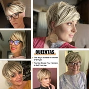 QUEENTAS Short Blonde Wigs for Women Pixie Cut Wig Layered Blonde Glueless Wig with Bangs Synthetic Hair Wig Cap