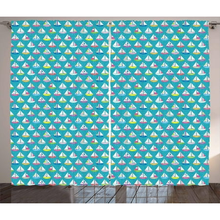 Sailboat Curtains 2 Panels Set, Chaplet Striped on Polka Dotted and Floral Design Cutters with Semi-Circular Hull, Window Drapes for Living Room Bedroom, 108W X 108L Inches, Multicolor, by
