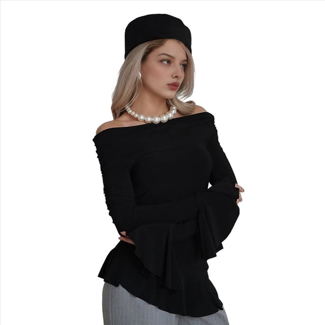 Blusa de para Mujer, de Larga Abullonada, con Cuello y Hombros Descubiertos, Ajustada, para Salir, Estilo Y2K. Negro M