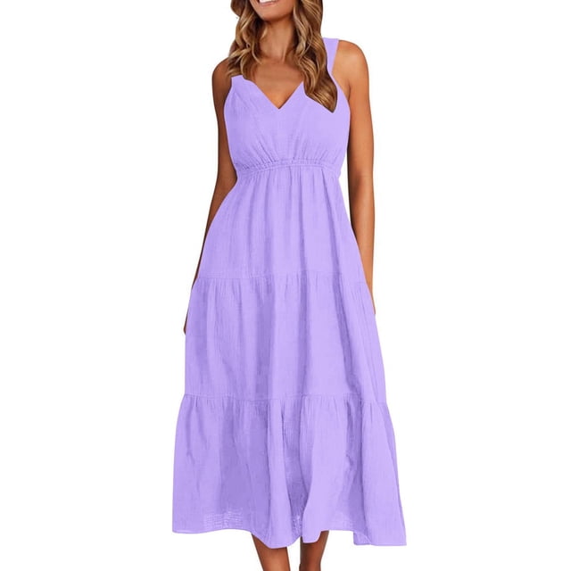 mfyjkho Vestidos de verano para mujer, Vestido playero midi de fiesta sin mangas con aberturas de color liso para mujer, moda de verano, vacaciones Vestidos de fiesta para mujer l