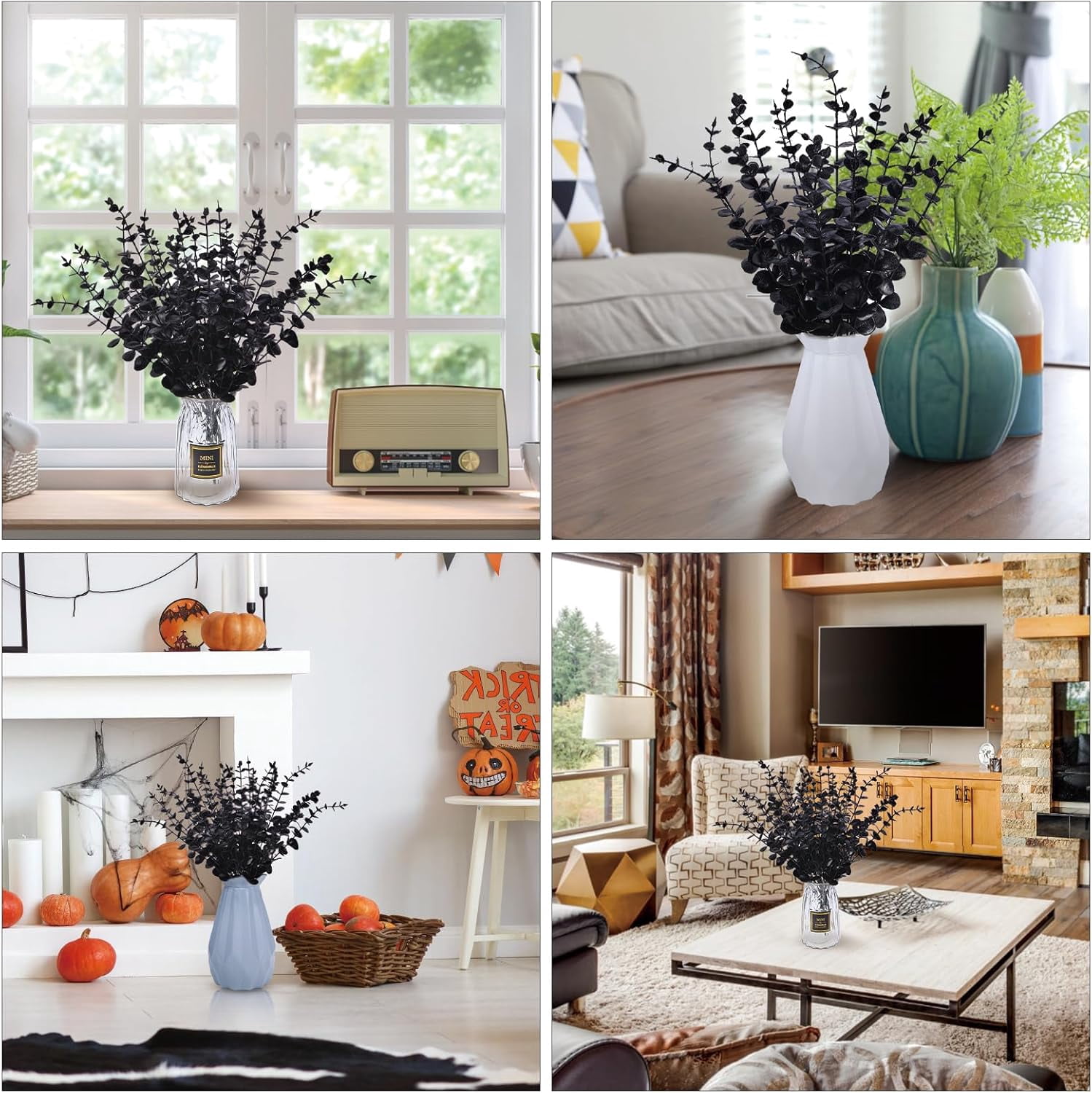 30 PCS Black Artificial Eucalyptus Stems Faux Flowers Fake Eucalyptus Leaves for Home Halloween Table Farmhouse Décor, 1 Branch