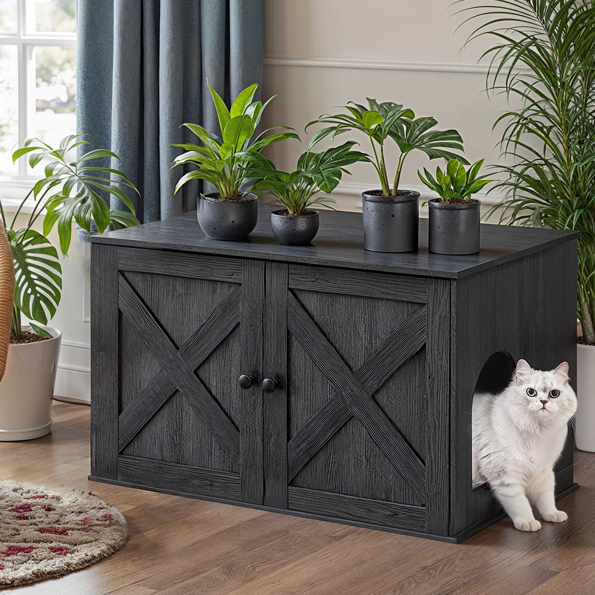 LEDREM Cat Litter Box Furniture Enclosure, Multi-Functional Hidden Washroom with Removable Divider for Indoor Cats,L, Ink Black