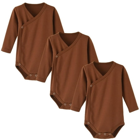 

ACESTAR Baby 3 Pack Boy Girl Side Snap Bodysuits - 100% Cotton Plain Long Sleeve Baby Kimono Onesies for 6-9 Months Brown