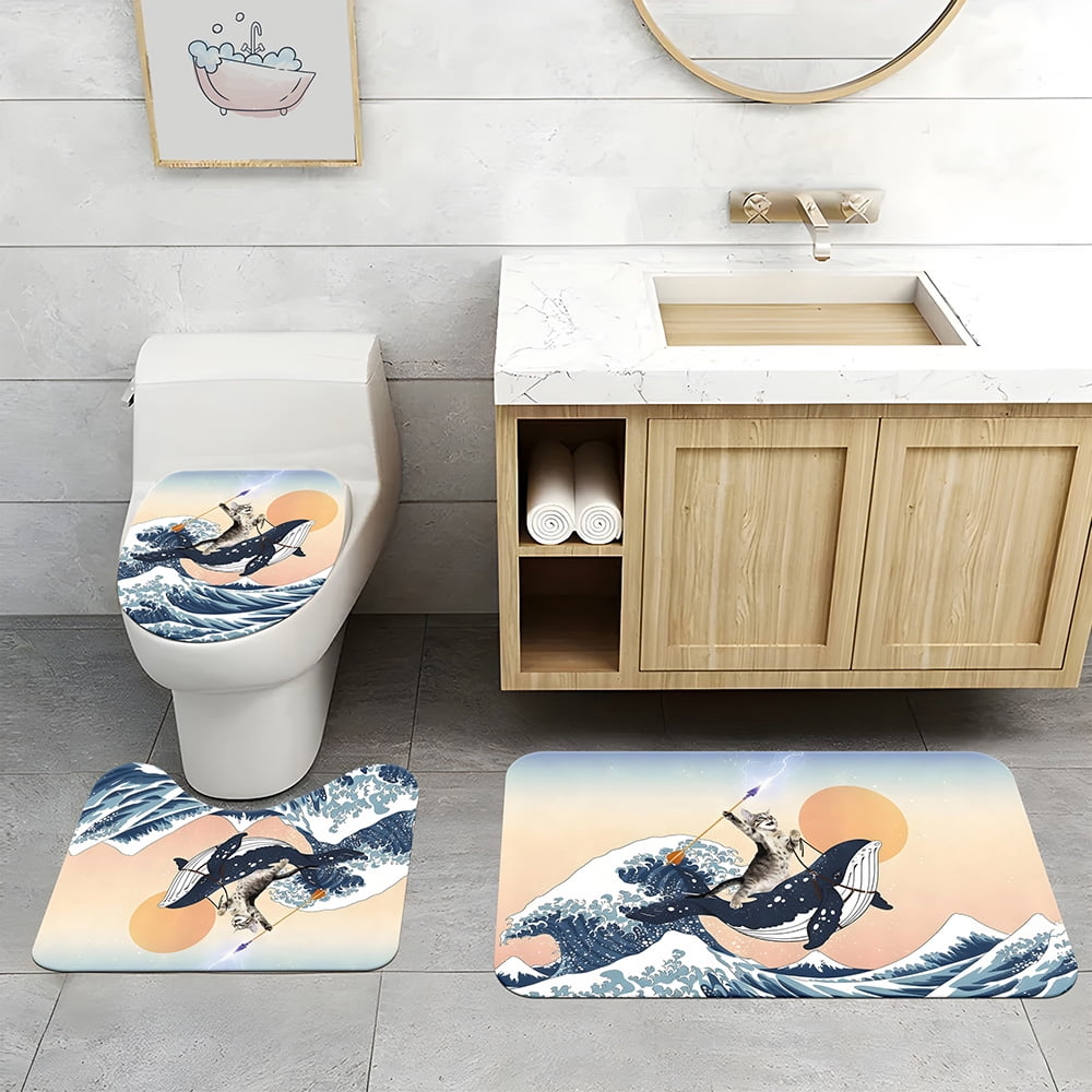 4pcs Funny Cat Riding Shark Ocean Shower Curtain Set for Bathroom