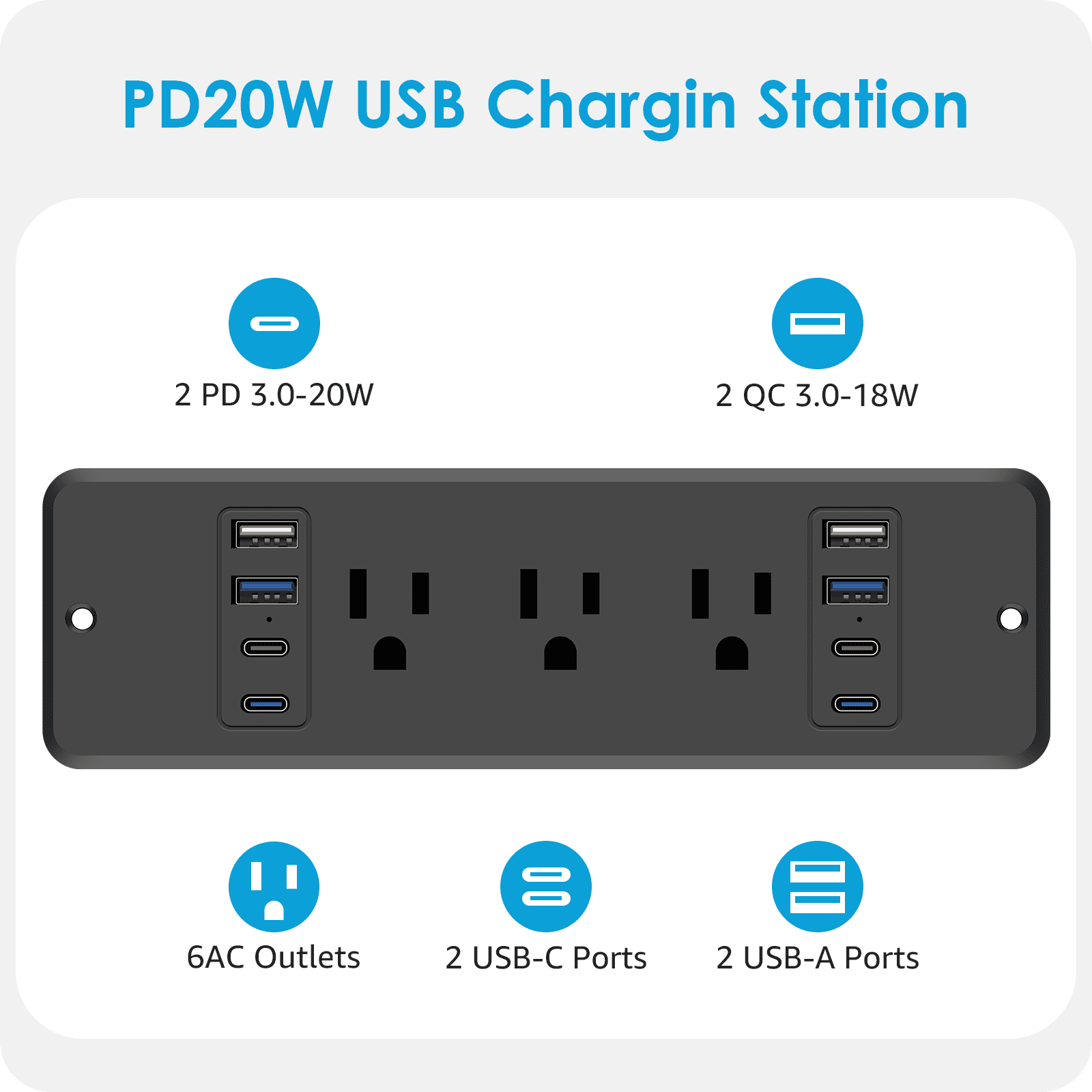 VILONG Recessed Power Strip with Usb-C (20W Fast Charging), 6 AC Outlets + 8 USB Ports, 45° Flat Plug, 6-Foot Cord – Ideal for Home Office, Desk Organization(Black)