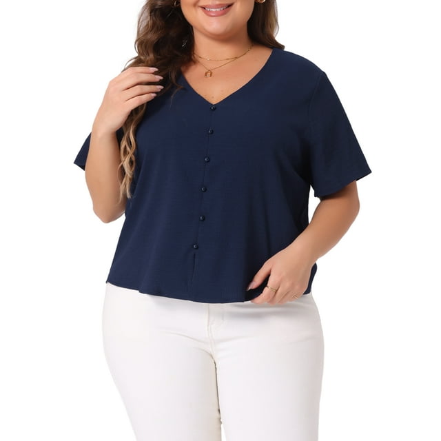 Camisa casual de verano de mujer plus size de Agnes Orinda, con cuello en V, manga corta y botones, talla 1X, color azul marino