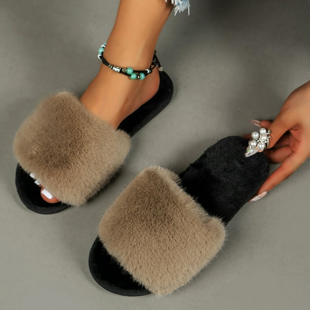 nsendm Women Shoes Adult Female Night Slippers for Women Ladies Fashion Winter Warm Solid Plush Flat Bottom Open Womens Slippers Size 9 Indoor Outdoor