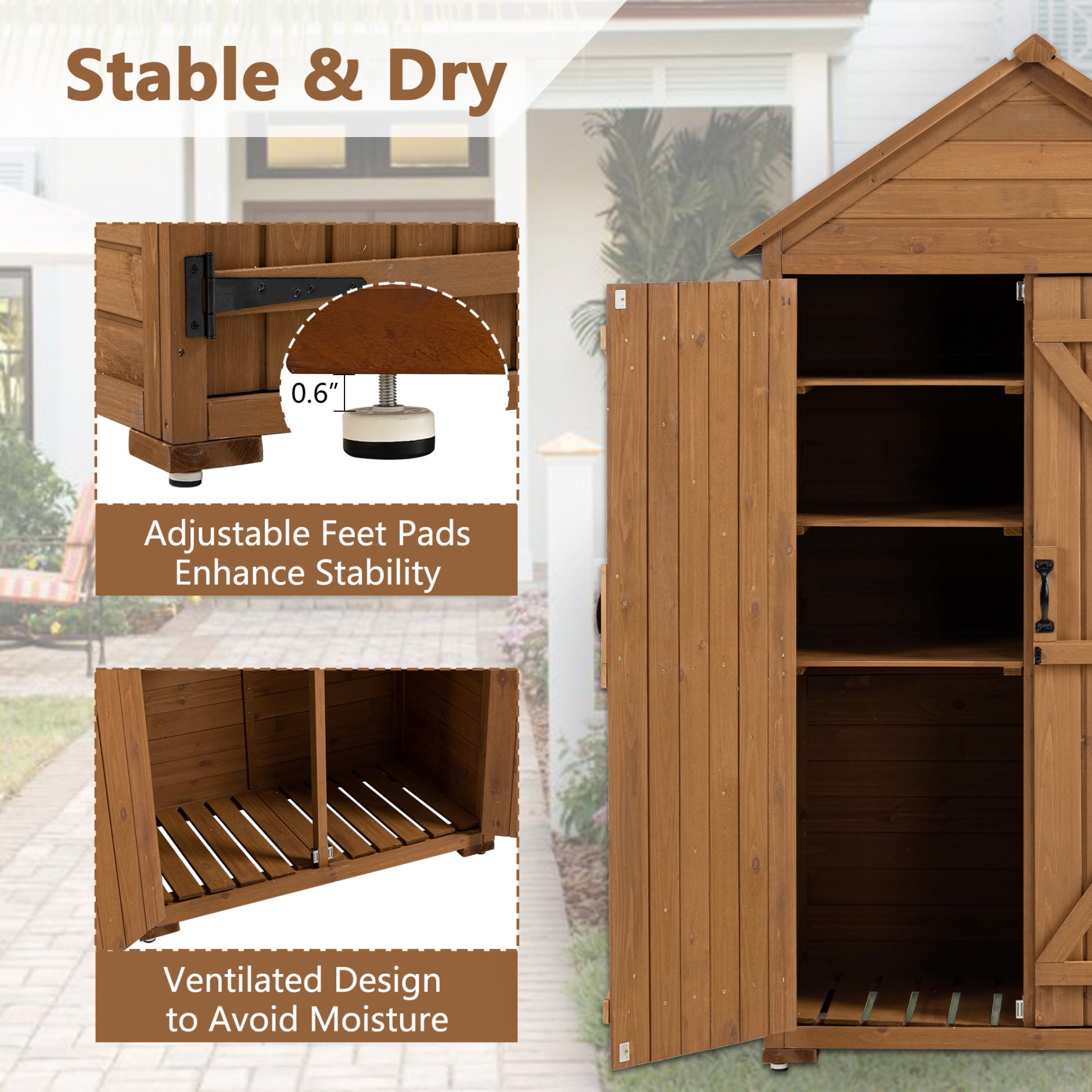 Durable Outdoor Storage Cabinet & Garden Tool Shed with Waterproof Roof, 6 Adjustable Stainless Steel Feet & Fir Wood Shelves for Large Tools, 39.56x22.04x68.89 Inches - Compact Patio/Garage Storage