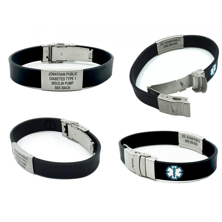 Sport Slim Reversible Medical Alert ID Bracelet. Custom Engraved. Choose Color, Size: 5, Black