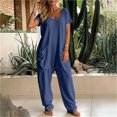 thumbnail image 2 of Tqcoqu Women's Solid V Neck Short Sleeve Jumpsuit, Loose Harem Baggy Long Pants One Piece Jumpsuit with Side Pockets, 2 of 6