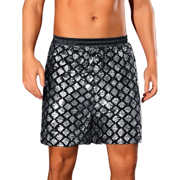 Pantalones cortos de lentejuelas Argyle Inspire Chic para hombres, cortos metálicos elásticos de cintura disco brillantes y calientes con bolsillo 32 plateado