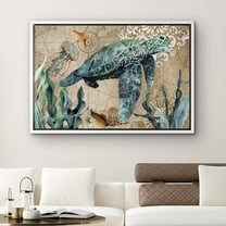 PixonSign Framed Canvas Print Wall Art Side of Swimming Turtle and Seaweed Animals Ocean Illustrations Modern Art Beach Relax/Calm Multicolor Ultra for Living Room, Bedroom, Office - 24"x36" White
