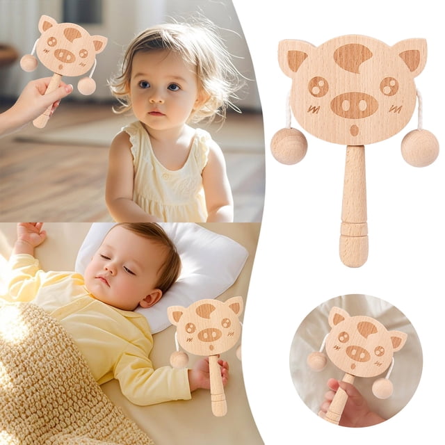 Wooden Rattle Drum For Two Hand Shaking And Rattle Drum Stimulates Listening Cognition Coordination Skills