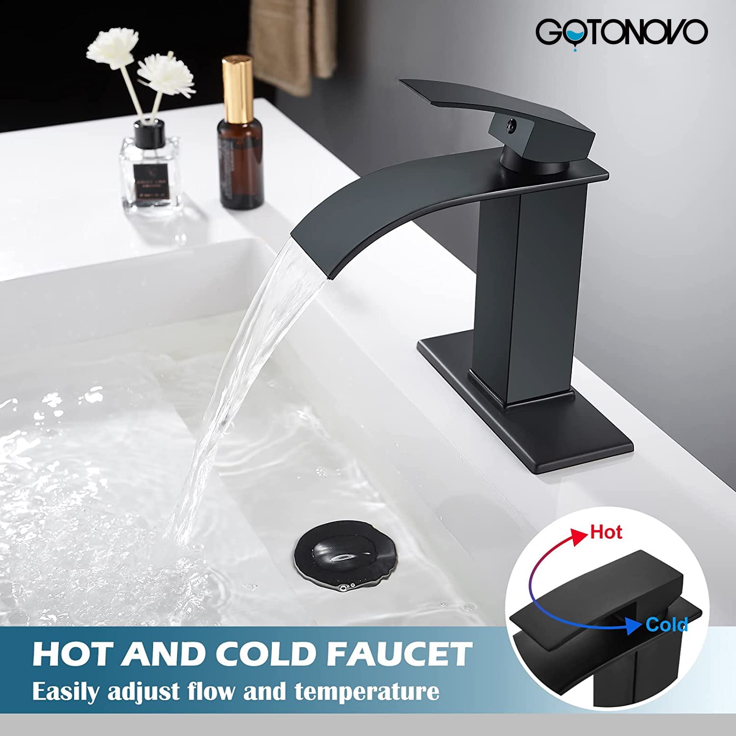 gotonovo Matte Black Bathroom Sink Faucet Waterfall Spout Single Handle 1 Hole Deck Mount Mixer Tap Lavatory Vanity Sink Faucet Commercial with Deck Plate and Pop Up Drain