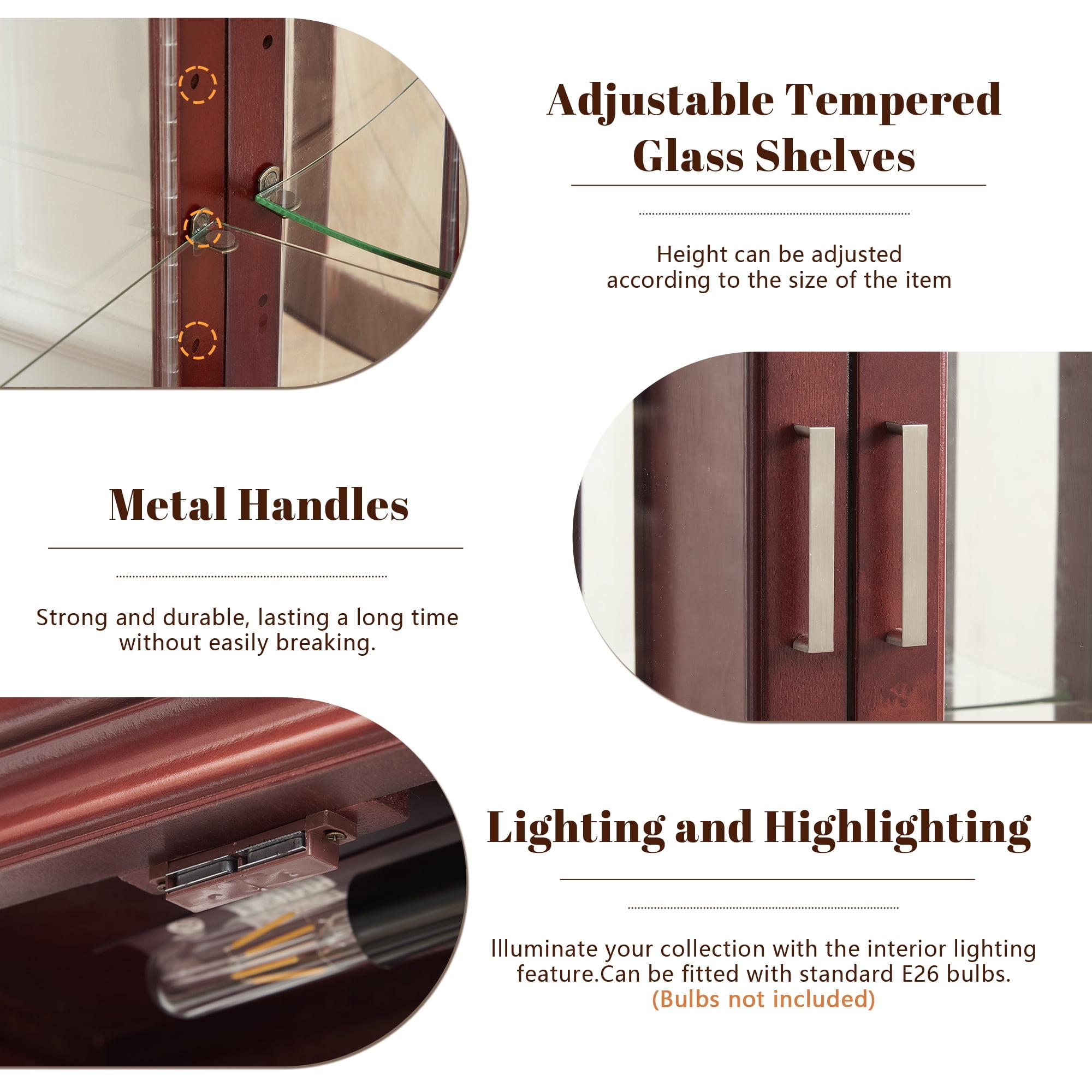 Miniyam Curio Display Cabinet with Adjustable Glass Shelves, Light, Cherry