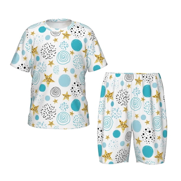 Balery Gold Stars Blue Dots Pattern Conjunto de Pijama Infantil de Manga Corta con Estampado – Ropa de Dormir de Algodón Suave-Medium