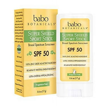Babo Botanicals Super Shield Zinc Sport Stick Sunscreen SPF 50 with Soothing Organic Ingredients, Non-Nano, Fragrance Free, for Baby, Kids or Sensitive Skin, Yellow, Unscented, 0.6 Ounce