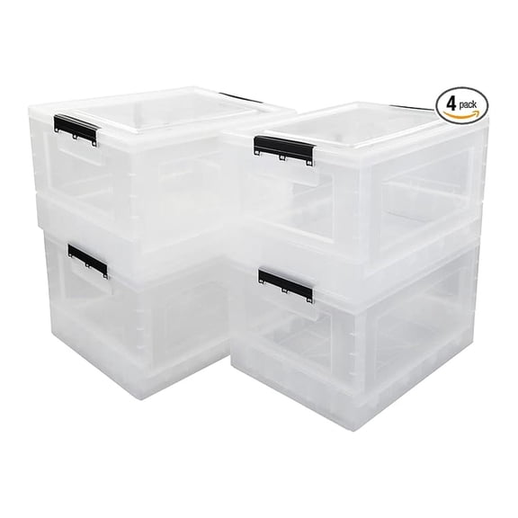 4-Pack 32 Quart Clear Collapsible Storage Crate, Folding Storage Box with Lid