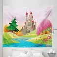 thumbnail image 1 of Cartoon Tapestry, Themed ish Graphic with Castle in Dreamy Forest River Mushrooms, Fabric Wall Hanging Decor for Bedroom Living Room Dorm, 5 Sizes, Pink Green, by Ambesonne, 1 of 1