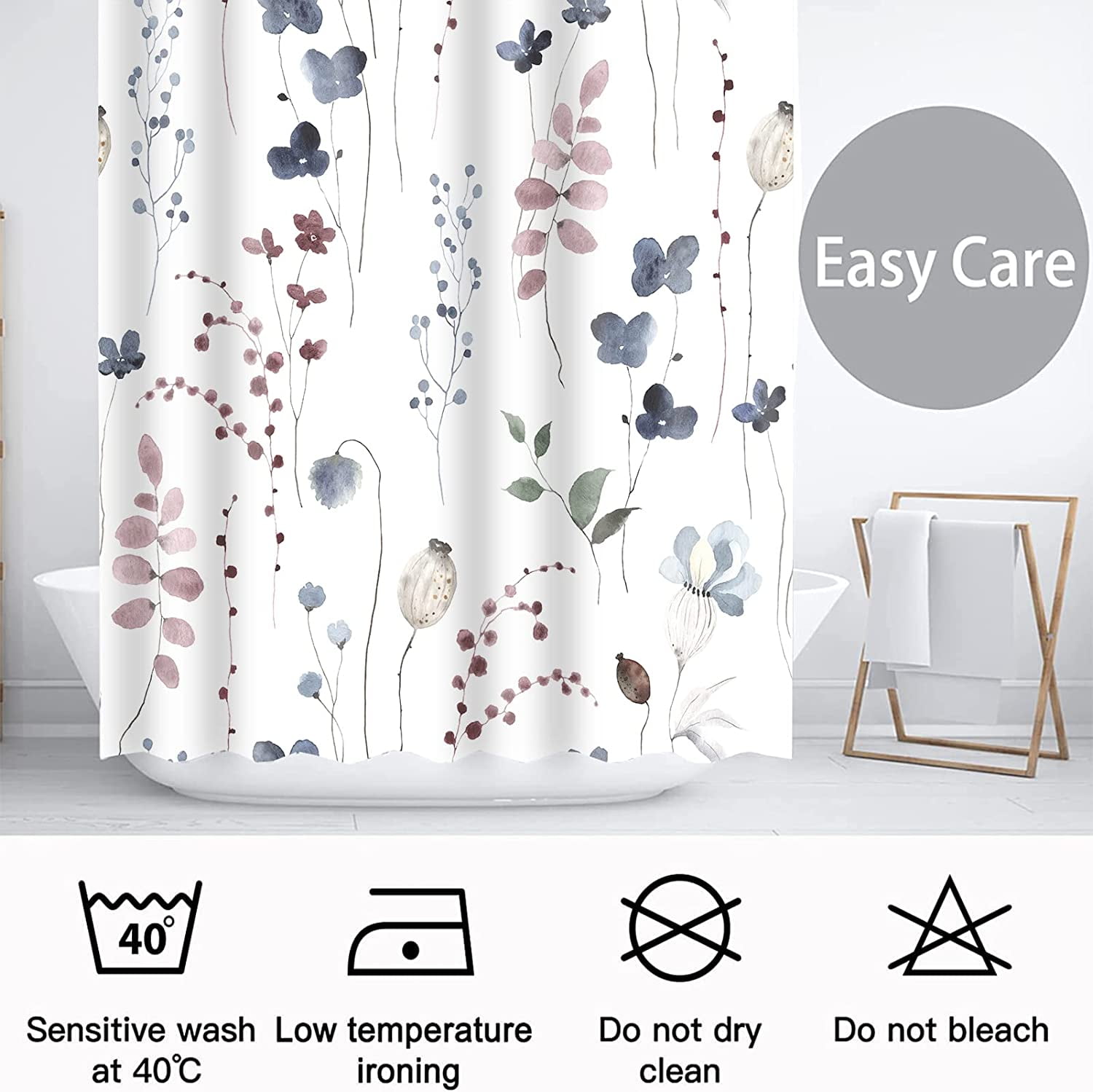 Extra Long Shower Curtain 72x84 inch Length Ink Blue Floral Shower Curtain,Blue and Red Shower Curtains Sets for Bathroom,Modern Minimalist Art Bath Curtain,Waterproof Fabric with Hooks