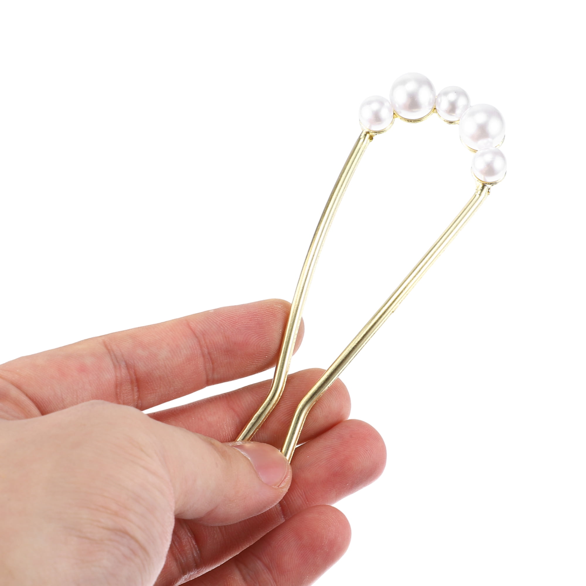 Unique Bargains Pearl U-shaped Hair Pins for Women 4.33"x1.57"x0.47" 1 Pc Gold Tone