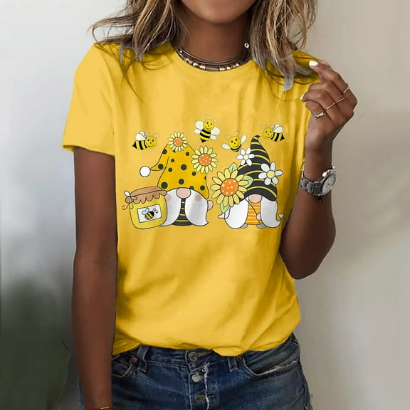 CAMERIARI Printed Bee Short Sleeve Crew Neck Tshirts Shirts for Women, Size S-2XL, Yellow, Women's Classic Version Type Cotton Short Sleeve Crewneck T Shirt Fun Printed Bee Festival