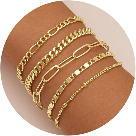 Gold Bracelets Set for Women,14K Gold Plated Dainty Gold Link Chain Bracelets for Women Trendy Gold Stackable Cuff Bracelets for Jewelry Gifts Women