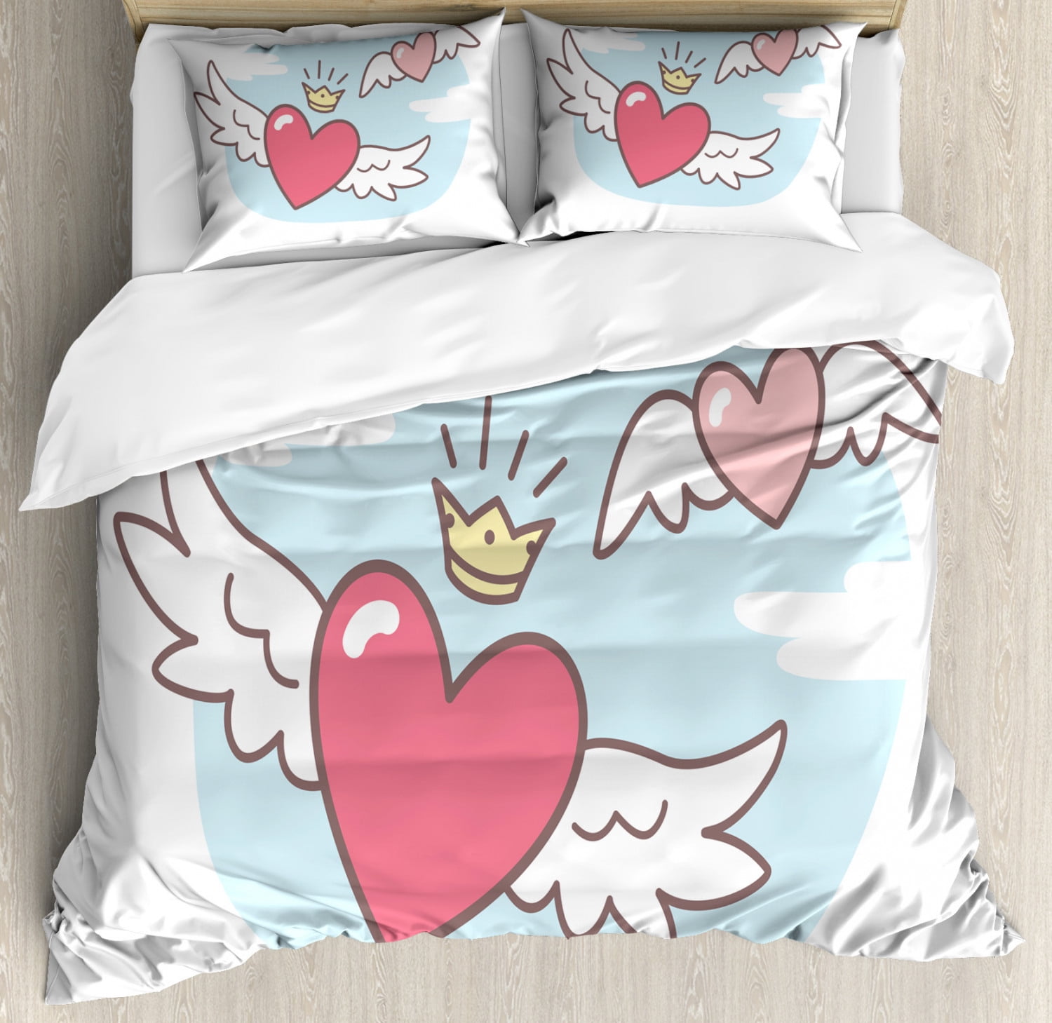 Angel Wings Duvet Cover Set Queen Size, Lovers Hearts Flying above Sky Clouds with Crown Big Romance Cartoon, 3 Piece Bedding Set with 2 Pillow Shams, Baby Blue Pink White, by Ambesonne