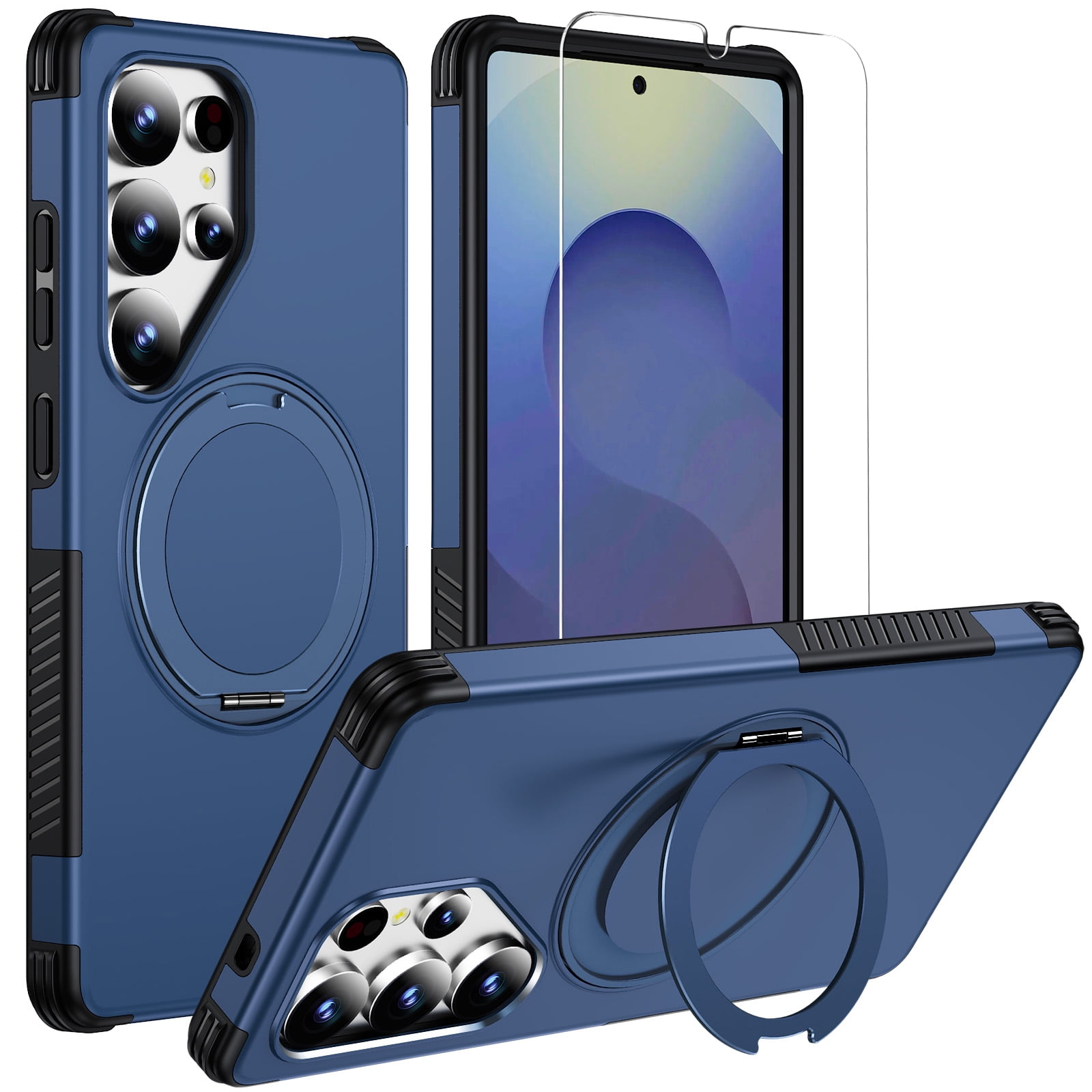 Dteck Magnetic Case with Tempered Glass Screen Protector for Samsung Galaxy S24 Ultra, Shockproof TPU+PC Compatible with Mag Safe Case with 360° Rotating Ring Kickstand Cover, Blue