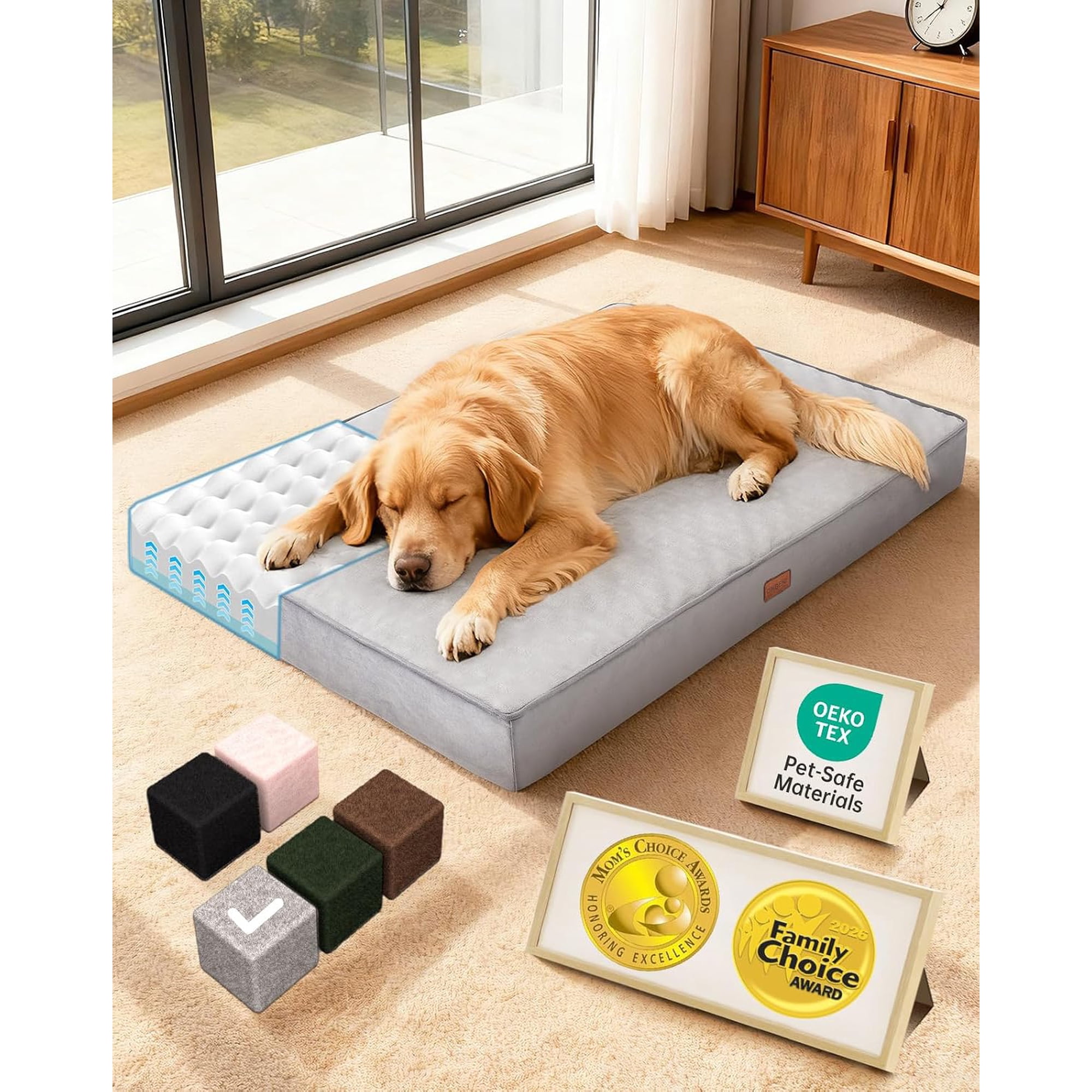 Orthopedic Waterproof Large Dog Bed, Memory Foam, 41 inch-XL(Gray) | Machine-Washable Removable Cover in Easy-Clean Fabric, Reversible Memory Foam & Easy-Carry Handle, Suitable for Crate