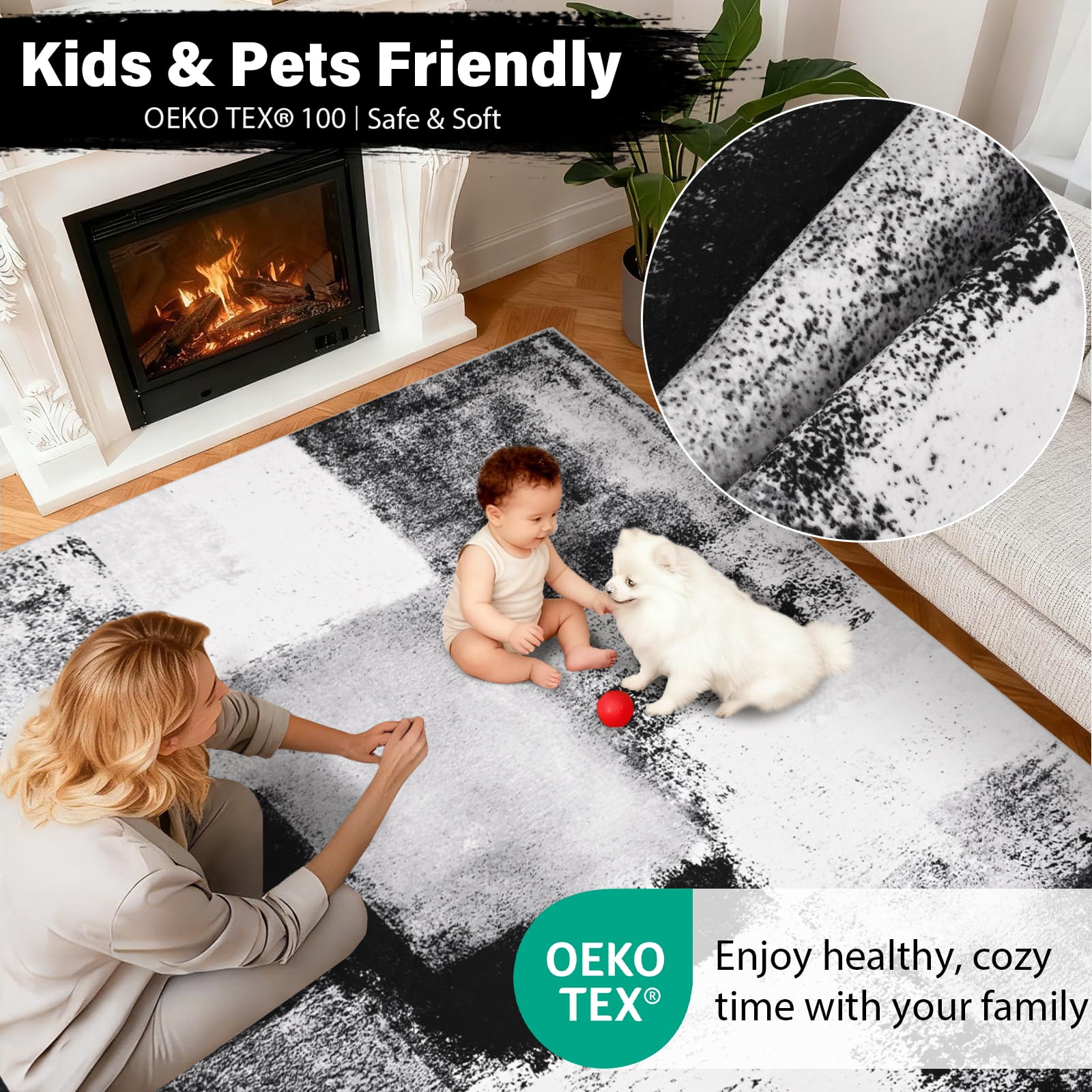 Bleum Cade Modern Abstract Area Rugs 6x9,Large Rugs for Living Room, Machine Washable Rug Indoor Rugs for Bedroom, Non-Slip Low-Pile Soft Carpet for Bedroom, Dining Room Office,Black