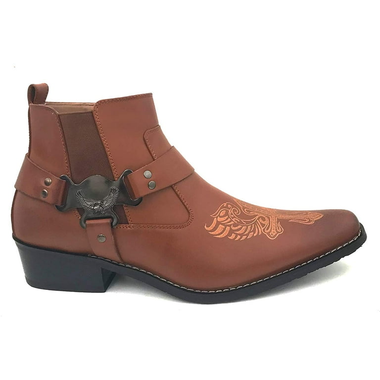 Men's Cowboy Boots Western Leather Lined Ankle Harness Strap Side