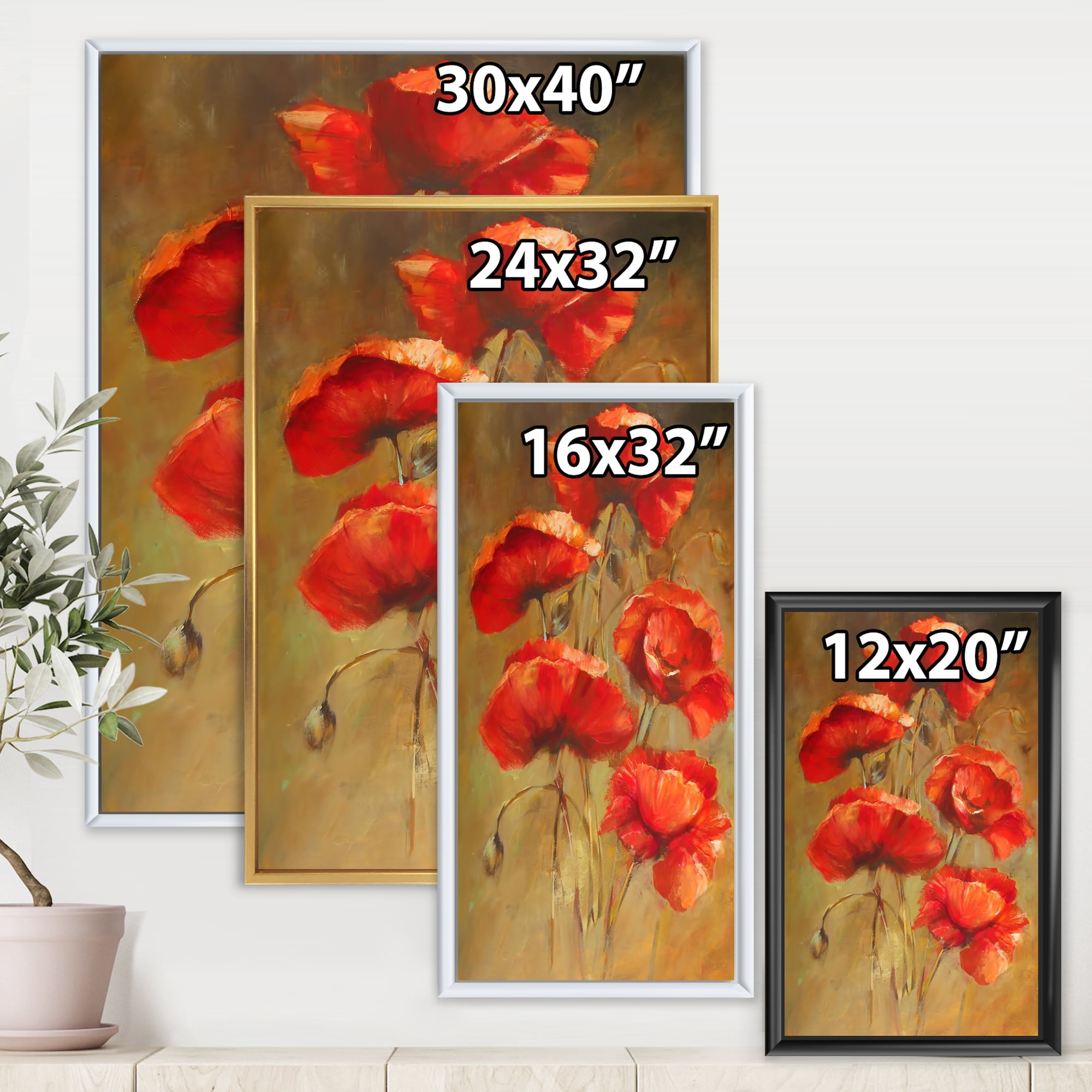 Designart 'Blooming Vintage Poppies I' Traditional Framed Canvas Wall Art Print